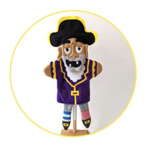 Custom Glove Puppet Pirate wearing a purple jacket and a black hat