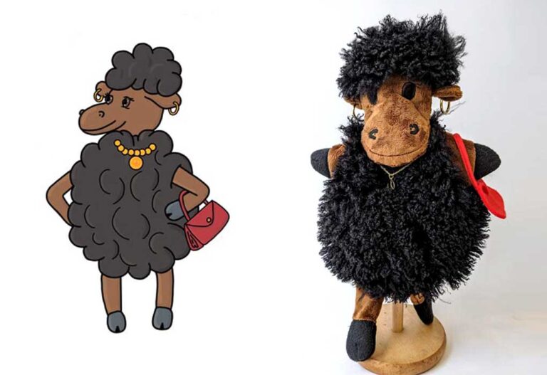 Illustration of a black and brown sheep next to recreation of it