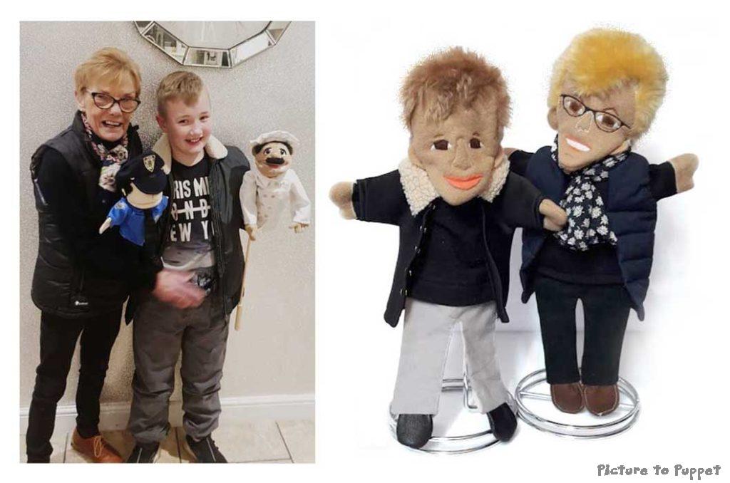 Two likeness glove puppets of a woman and a boy