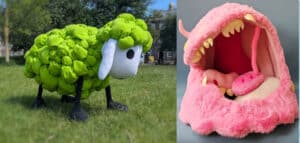 Soft Sculpture examples - a green sheep for an office installation and a pink blob for an exhibition