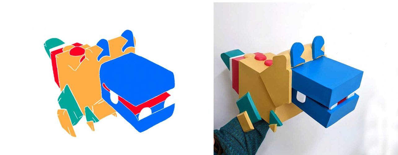 A custom block dinosaur hand puppet or moving mouth puppet